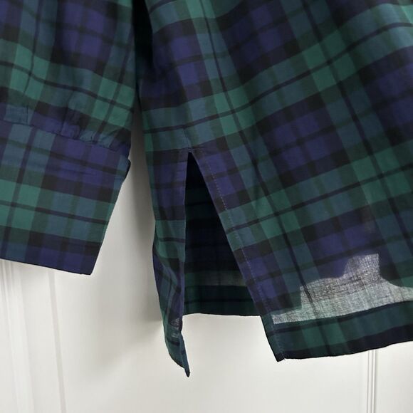Gretchen Scott Blouse Womens Sz Large Blue Green Plaid Peasant 3/4 Sleeve Cotton - Picture 4 of 12